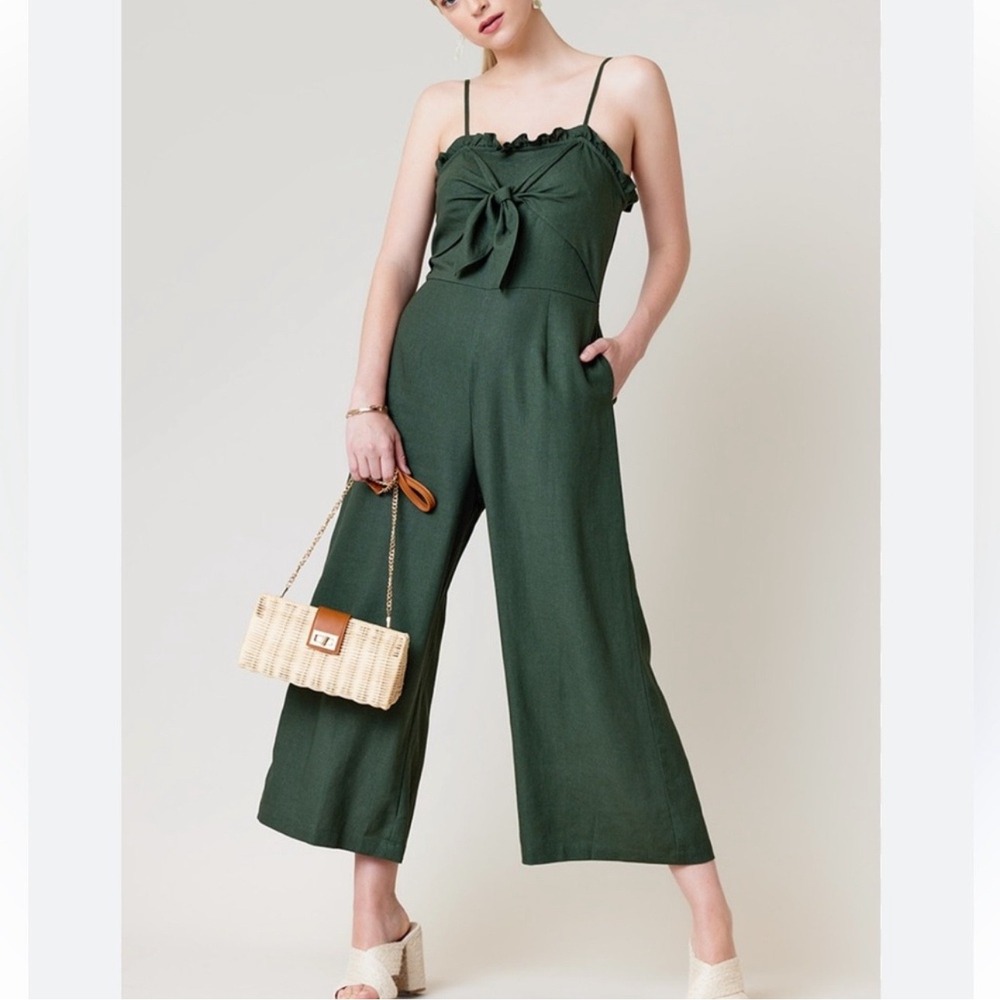 NWT Francescas Olive Green Tie Front Ruffle Trim Linen Blend Jumpsuit Size S